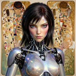 Masterpiece portrait of battle angel Alita drawn by Donato Giancola and Tom Bagshaw, face by Artgerm and Edmund Leighton, Alphonse Mucha, background by James Jean and Gustav Klimt, 4k, posthuman, robotic body, porcelain skin, komorebi, french nouveau, trending on pixiv, octane render, hyperrealistic