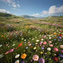 fields full of flowers and blue sky with hills in the background. Intricate. Very detailed 8k. Fantasy horror. Sharp. Cinematic post-processing. Unreal engine. Nanite. Ray tracing. Parallax. Tessellation
