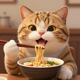 A happy cat holding chopsticks and eating a bowl of ramen, hyper realistic, insane detail, Pixar