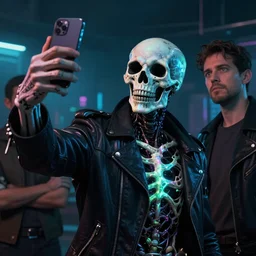 cinematic scene of Death taking a selfie, modern, mucha, colorful, by Michael Whelan, William Adolphe Bouguereau, and Donato Giancola, highly rendered, beautiful, cyberpunk, moody lighting, glowing light and shadow, atmospheric, 8K
