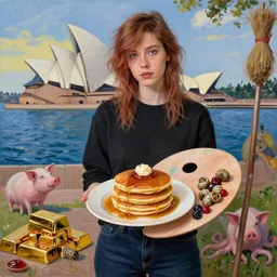 tall emo female artist holding an artist's palette, pancakes, in chippendale sydney, gold bars, maple syrup, snails, berries, pigs, octopus, broomstick, acrylic on canvas, surrealist, by magritte and monet
