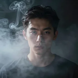 man made of fog closeup, smoke swirling, cinematic