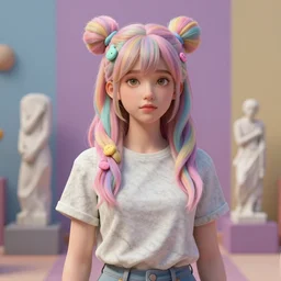 a 3 d render of a young beautiful woman made from marble, in the style of constantin brancusi : 9, wes anderson background, casual clothing, modern, artgem, portrait, boris valejo, kawaii hairstyle : 5, pastel colors, colorful, octane render, digital painting, details, unreal engine, museum piece, dynamic light,