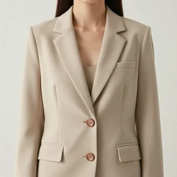 a realistic highly detailed photograph of a single woman blazer, with two front pockets, with shoulder pads, with one brown button, beige color scheme, 8 k