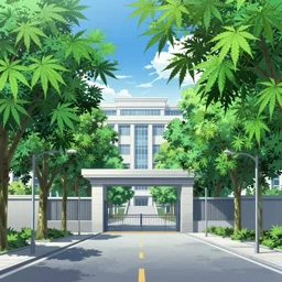 private academy entrance, boulevard, dense cannabis leaves on trees, building in the distance, overhanging branches, long road, cel - shading, 2 0 0 1 anime, flcl, jet set radio future, the world ends with you, kid a, cel - shaded, strong shadows, vivid hues, y 2 k aesthetic, art by artgerm