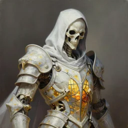 breathtaking detailed painting ofa white grim reaper with a big headpiece, by ruan jia, armor made of pale bones, golden twilight stained glass, amalgamation of embers, 8 k, concept art, matte, sharp focus, rembrandt style