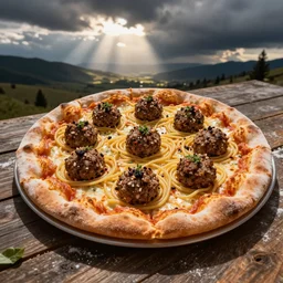 a delicious meatball pizza with crust made of semolina spaghetti.