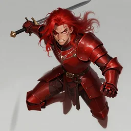a knight in red armour that's scaling, looking angry, one eye is red, scars on the face, long wavy red hair, male, with a black sword, artstation, in the style of Ami Thompson, digital, detailed