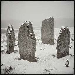 a high angle daguerrotype photograph of the neolithic standing stones, by henry ossawa tanner and rembrandt, lit by gas lamps, grainy, snow, highly detailed, gloomy and foggy atmosphere, octane render, cinematic lighting, photographic emulsion cracked and peeling, tri - x, 8 k, hd