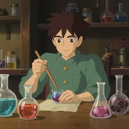 a wizard with brown hair is sitting at his desk with jars of liquids and beakers of bubbling potions, medium shot, waist up, studio ghibli, pixar and disney animation, sharp, rendered in unreal engine 5, anime key art by greg rutkowski, bloom, dramatic lighting