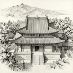detailed pencil sketch of top down view of traditional chinese temple in yunnan, seen from above, surrounded by mountains and forest