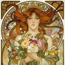 colorful closeup portrait of a beautiful mysterious chinese empress, holding a bouquet of flowers, hands disappeared under the bouquet, flowing hair, bubbles from the mouth, underwater, fantasy, regal, intricate, art nouveau, swirly intricate linework background, by stanley artgerm lau, greg rutkowski, thomas kinkade, alphonse mucha, loish, norman rockwell