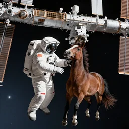 astronaut horse fixing the space station in space