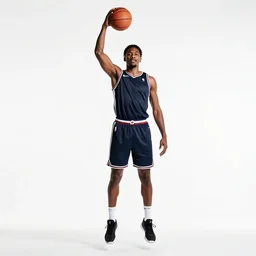 dashing basketball player dunking pose, photorealistic portrait photography, full body, standing, isolated on a pure white background, centered, whole figure in frame, sharp focus, studio lighting
