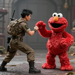 ash from army of darkness fighting evil elmo, highly detailed