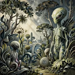 hyper - detailed matte illustration of alien flora and fauna by iris van herpen based on art forms in nature by zaha hadid, zdzisław beksinski and alphonse mucha