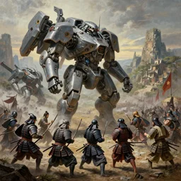 8 k art photography shot art shot, hyperrealistic, hyperdetailed, super detailed, uhd, uhd, 8 k, high resolution, large group of ancient samurai attack futuristic military mech, painting by ross tran and ivan aivazovsky
