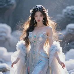 a beautiful female goddess of winter character, character is in all its glory, character is centered on the image, character is in her natural relaxed pose, rim lights, particles and dust in the air, fancy clouds, highly detailed professional photo, dynamic lights, particles are flying, depth of field, trending on artstation, illustration, hyper realistic, vray caustics, super detailed, colorful accents, cinematic shot