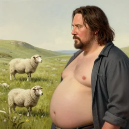 morbidly obese keanu reeves looks at a distant texel sheep, elegant intricate digital painting artstation concept art by mark brooks and brad kunkle detailed