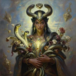 portrait oil painting, a beautiful young dark cassiopeia from league of legends, snake headdress, dead flowers, glowing figure, holding a bouquet of snakes, ornate robe, ultra realistic, wide angle, intricate details, artifacts, luminous skies, highly detailed, michael cheval, peter mohrbacher, boris vallejo, jessica rossier, oil painting, highly detailed, cinematic lighting