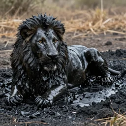 a shiny black goo covered lion, lion made of black goo, goo lion, lion made of goo, latex shiny, laying in a tar pit, dslr, photography, ferrofluid, wildlife photography, award winning animal photography, safari