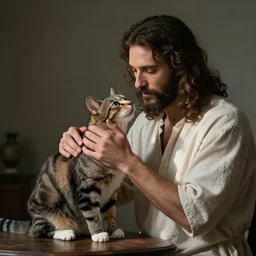 Jesus petting a tabby cat, the is cat looking up to him and purrs