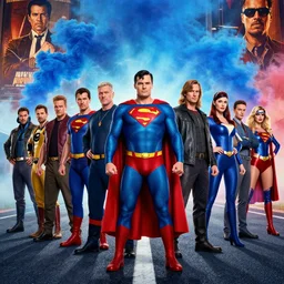 a list of many superheroes standing on road with colourful blue smoke on background, mafia poster, movie still, superman, lukashenko man, sub zero, super woman and others, hdr