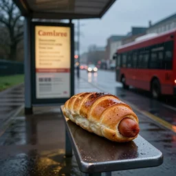 emo sausage roll at a bus stop in the rain, waiting for a bus that my never arrive