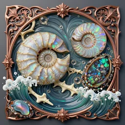 Art Nouveau cresting oil slick waves, hyperdetailed bubbles in a shiny iridescent oil slick wave, ammolite, dinosaur bone, detailed giant opalized ammonite shell, black opal, abalone, paua shell, ornate copper patina medieval ornament, rococo, organic rippling spirals, octane render, 8k 3D, druzy geode, cresting waves and seafoam