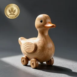 a toy wooden duck with wheels