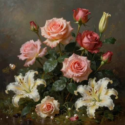 beautiful digital matter cinematic painting of whimsical botanical illustration of roses and lilies and pearls whimsical scene by greg rutkowki and alena aenami artstation