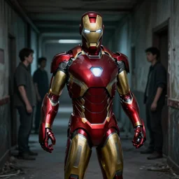 ironman in a dark hallway of an abandoned asylum, 4 k, high detail, high - resolution photograph, professional photography, ultra - detail