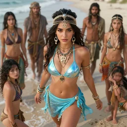 masterpiece portrait of a beautiful stunning girl with boho accessories, in sky blue reflective bikini and pareo skirt, chanel jewelry, sharp focus, beach, fantasy character portrait, dynamic pose, above view, top lighting, art by artgerm and charlie bowater and wenjun lin and gil elvgren, ilya kuvshinov, mary jane ansell, cryengine, lumion render, 8 k realistic, hyper detailed, digital painting, artstation