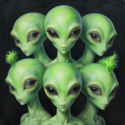 beautiful aliens faces with green hair, 8 k, matte painting, in the style of artist, ann stokes