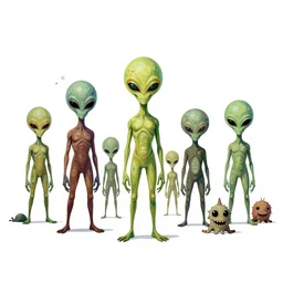 psychedelic aliens, wide angle shot, white background, vector art, illustration by frank frazetta