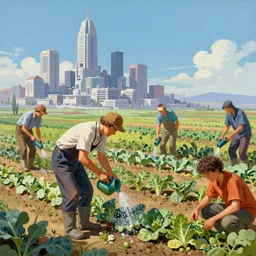 a mixed media colseup portrait painting of a gardener watering a field of vegetable crops, minimalist, a ruined futuristic city sits in the distance, by frank frazetta, greg rutkowski, beeple, yoko taro, christian macnevin, beeple, wlop and krenz cushart, epic fantasy character art, volumetric outdoor lighting, high fantasy, cgsociety, cheerful colours, full length, exquisite detail, post - processing, masterpiece, cinematic
