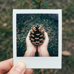 polaroid photo of pine cone with human legs, bokeh