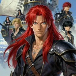 an epic fantasy comic book style portrait painting of a long haired, red headed male sky - pirate in front of an airship final fantasy character design sheet, by takehiko inoue and kim jung gi and hiroya oku, by thomas kinkade and greg rutkowski and ilya kuvshinov, masterpiece illustration, ultrarealistic, perfect face and anatomy, golden ratio