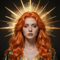 a symmetrical portrait of a beautiful orange - haired woman, head and shoulders, god rays, symbolist, dramatic, ultra detailed, holographic design, 4 k, 8 k, hdr, award winning