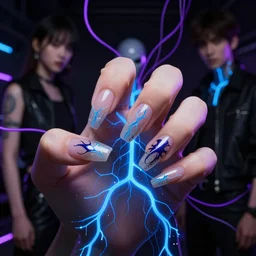 nailed it, by wenjun lin, by artem chebokha, by alena aenami, by ian llanas, 4 k, cyber punk style, glowing blue veins, purple glowing wires