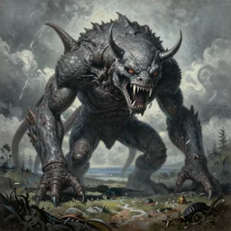 detailed hyper realistic painting of a giant monster in a landscape in the style of beksinski