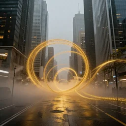 a ground layer of golden glitter fog is whipped into tendrils between the skyscrapers of a cyberpunk city of the near future