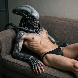 Xenomorph lies bare-chested on the couch in a sexy pose,