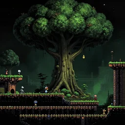 alien planet with big tree gameplay still frame, pixel art, platformer, metroidvania, retro, splash screen, level design, high contrast, background, deep focus, highly detailed, dramatic lighting, digital painting, artstation, concept art, matte, greg rutkowski, moebius, illustration.