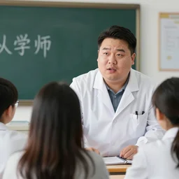 fat doctor teaching on a class for students, very detailed face,