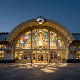 A disco train station, by Moebius, Renoir, Mucha