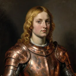 mackenzie davis, blonde hair, wearing copper armour, portrait, oil painting by titian, masterpiece, hard focus