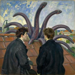 vintage beautiful painting of 2 men staring at overgwon tentacles coming out of a roof in Mary Cassatt style