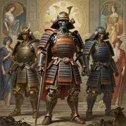 Regal Humanoid Robot Samurai Warriors, Vladimir Kush, Michael Whelan, Kay Sage, Craig Mullins, Julie Bell, Jane Graverol, Peter Mohrbacher, Gustave Dore, Ralph Bakshi, Detailed Digital Art, Airbrush, Art Nouveau, Intricate, Clear, Looming, Epic, Depth, Multi-dimensional Latent Space, Volumetric Lighting, realistic painting, classical painting, high definition, digital art, matte painting, very detailed, realistic, Unreal Engine, octane render, vray, 4k, super wide angle