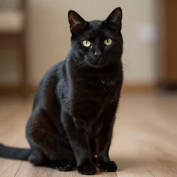 photo of a seated black cat, photorealistic, hyperrealistic